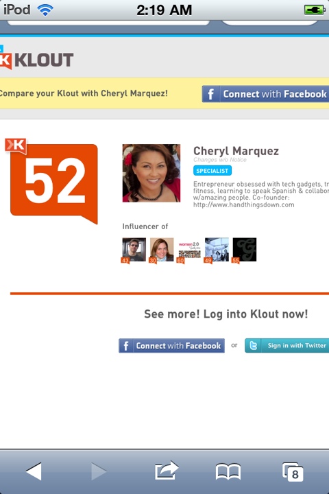Cheryl Marquez's Klout score is 52 after disconnecting Facebook & Linkedin on July 7.